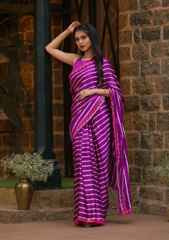 Purple Bandhani Satin Saree-Koskii