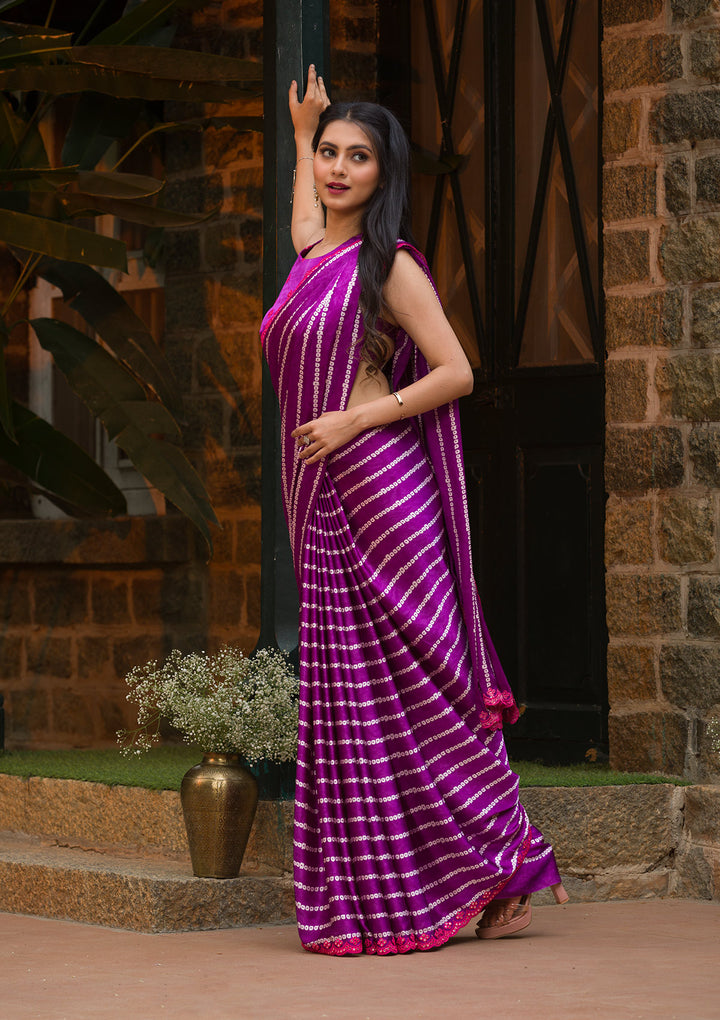 Purple Bandhani Satin Saree-Koskii