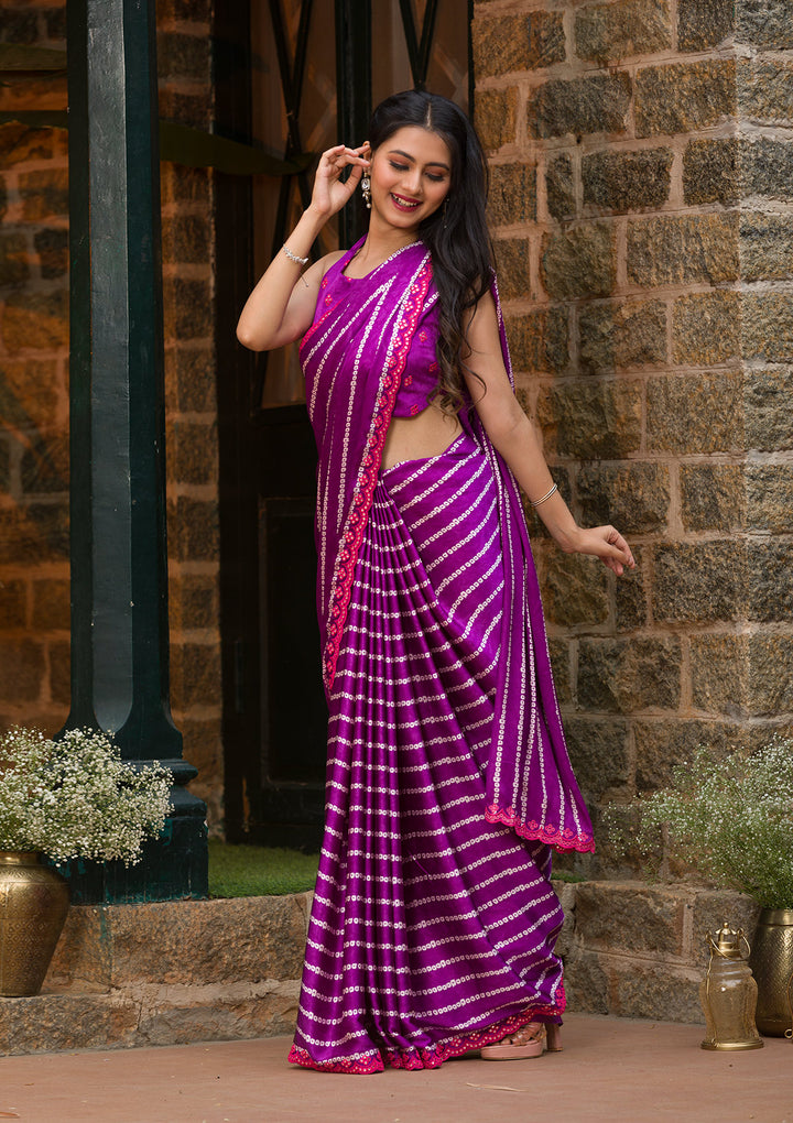 Purple Bandhani Satin Saree-Koskii