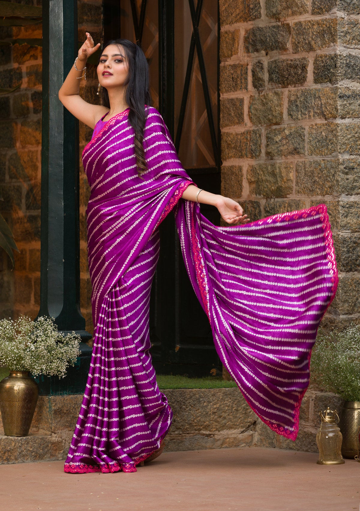 Purple Bandhani Satin Saree-Koskii