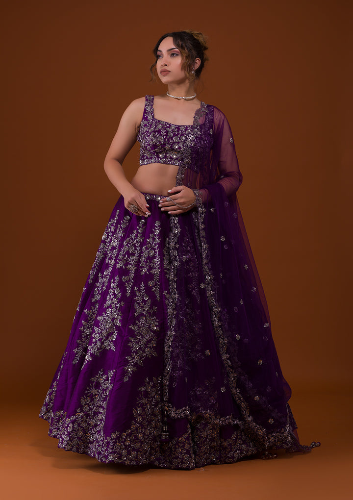 Purple Cutdana Raw Silk Designer Lehenga-Koskii