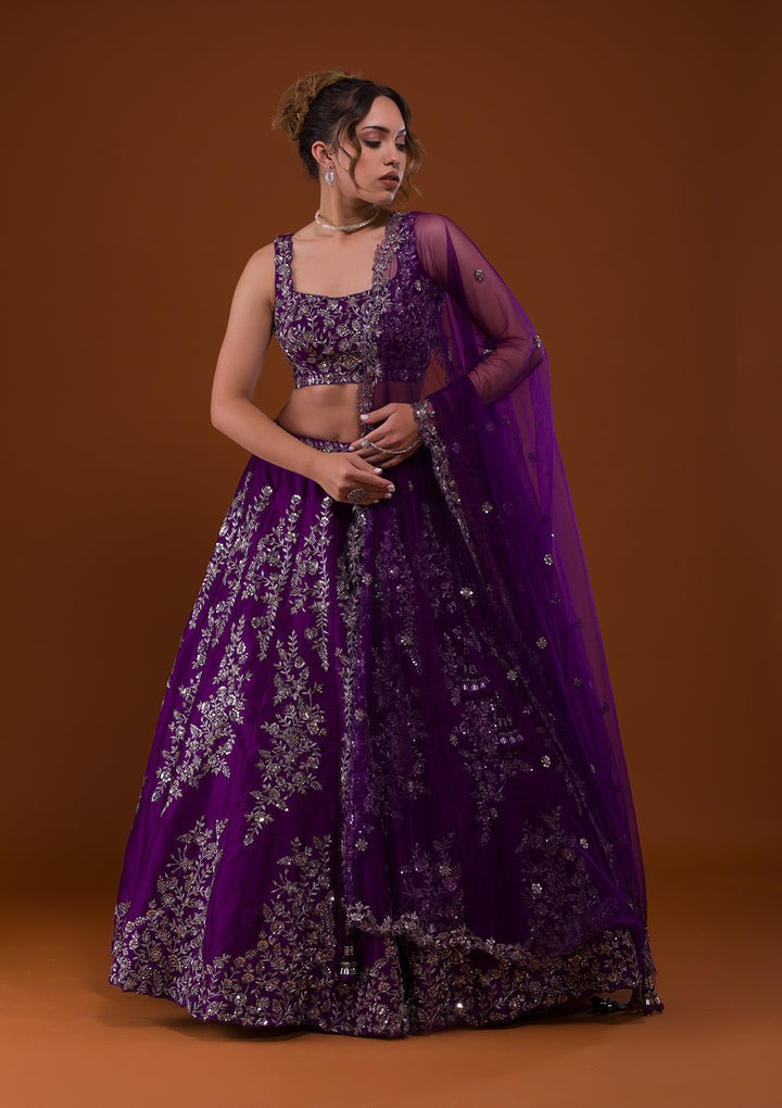 Purple Cutdana Raw Silk Designer Lehenga-Koskii