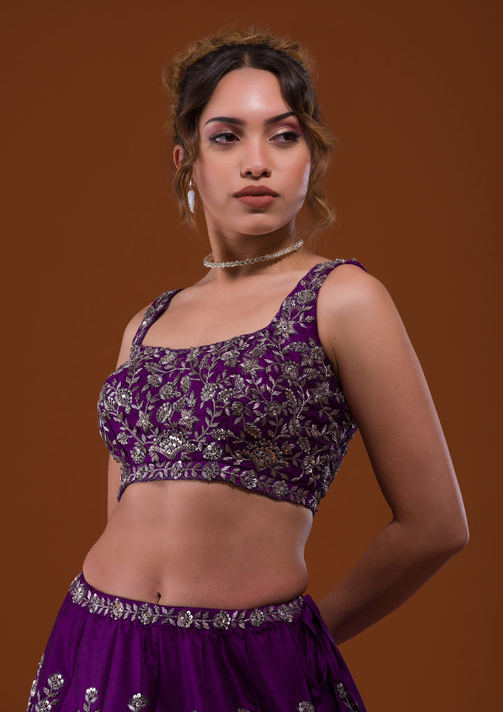 Purple Cutdana Raw Silk Designer Lehenga-Koskii