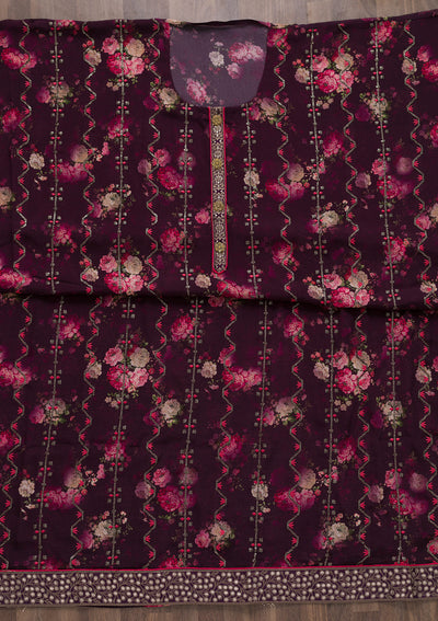 Purple Printed Semi Crepe Semi-Stitched Salwar Suit-Koskii