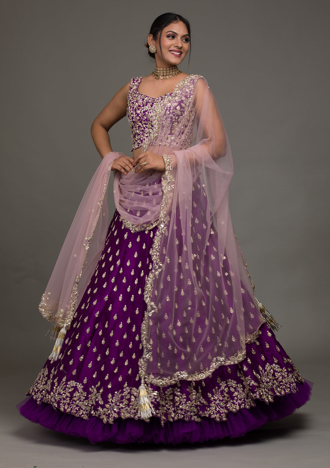 Purple Zardosi Raw Silk Lehenga-Koskii