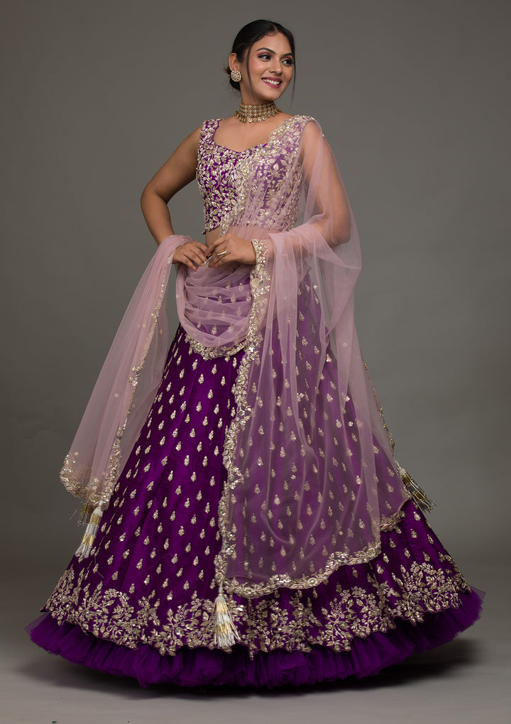 Purple Zardosi Raw Silk Lehenga-Koskii