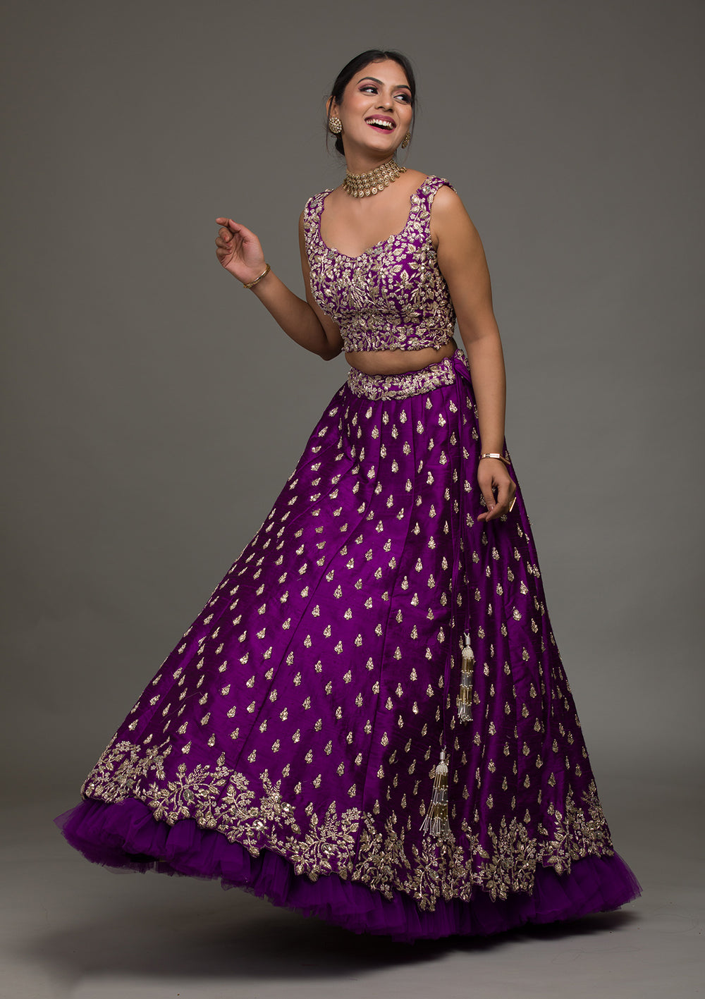 Purple Zardosi Raw Silk Lehenga-Koskii
