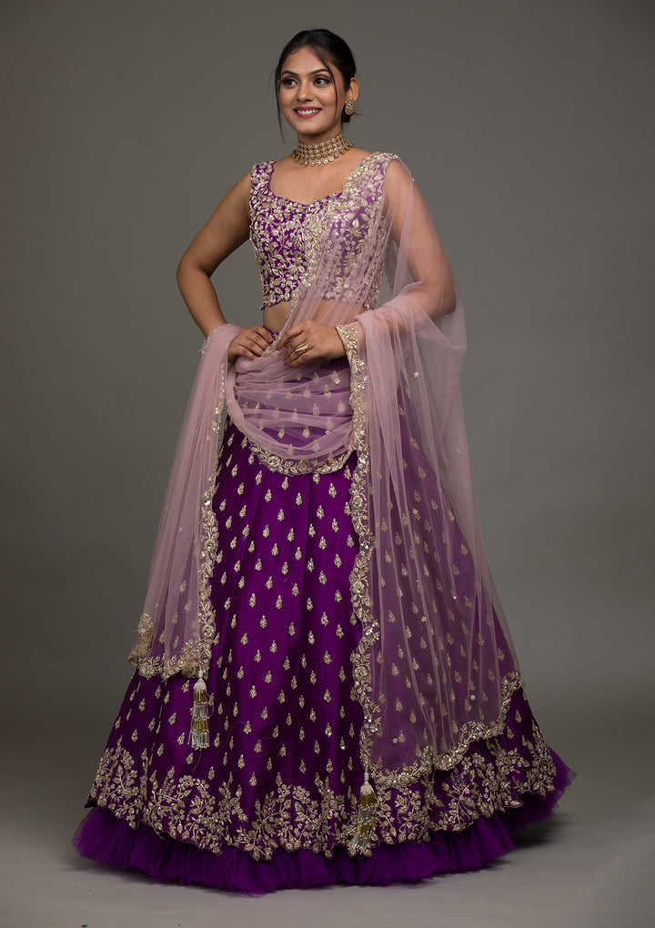 Purple Zardosi Raw Silk Lehenga-Koskii