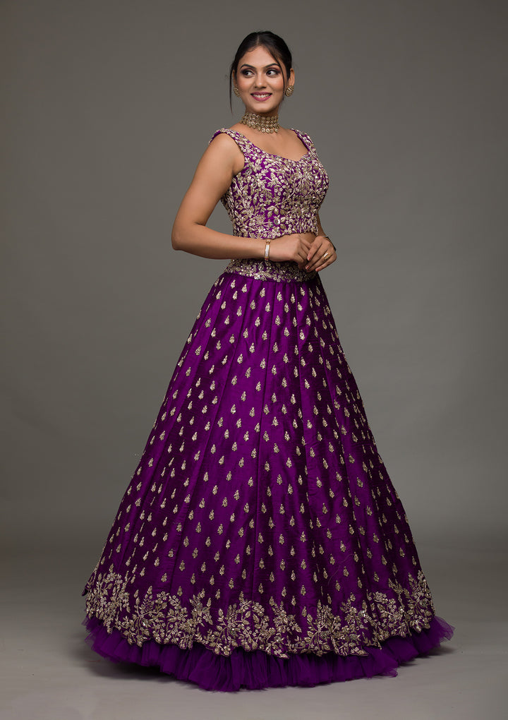 Purple Zardosi Raw Silk Lehenga-Koskii