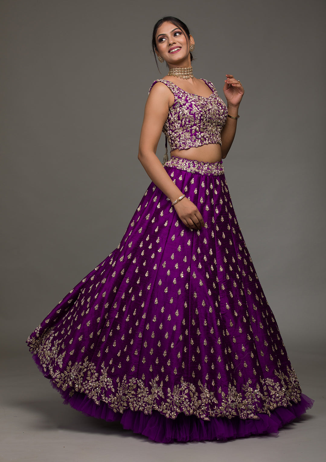 Purple Zardosi Raw Silk Lehenga-Koskii