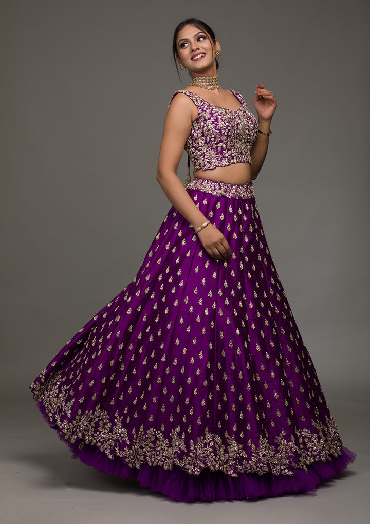 Purple Zardosi Raw Silk Lehenga-Koskii