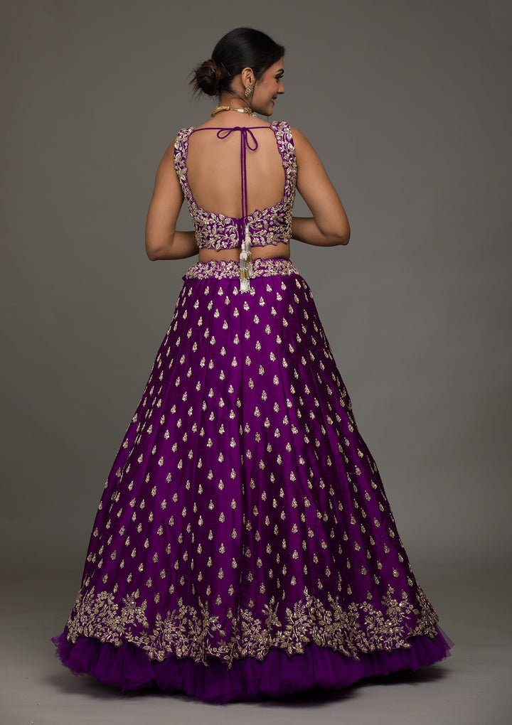Purple Zardosi Raw Silk Lehenga-Koskii