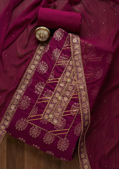 Purple Zariwork Raw Silk Unstitched Salwar Suit - Koskii