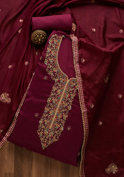 Purple Zariwork Semi Crepe Unstitched Salwar Suit-Koskii