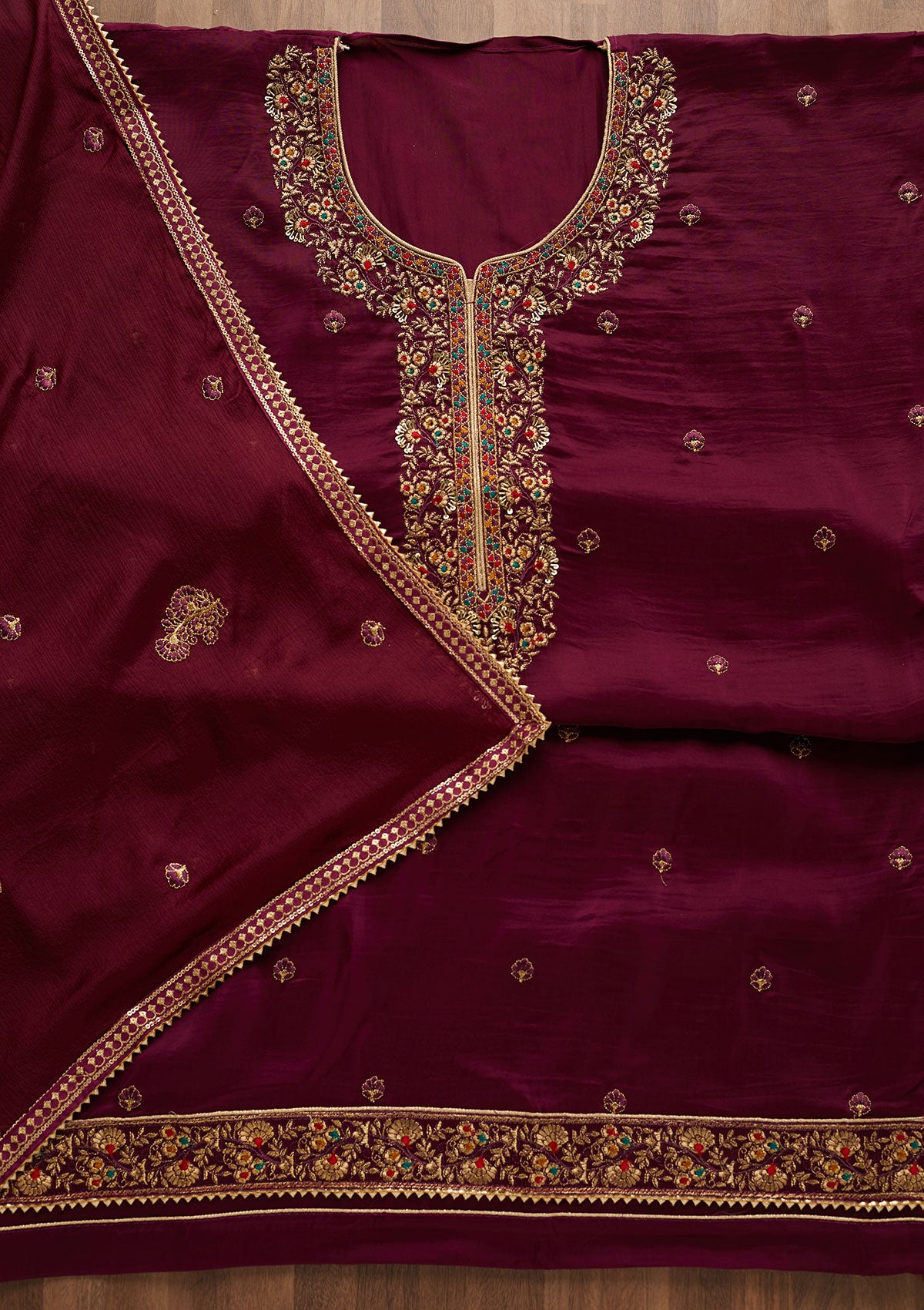 Purple Zariwork Semi Crepe Unstitched Salwar Suit-Koskii