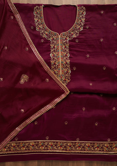 Purple Zariwork Semi Crepe Unstitched Salwar Suit-Koskii