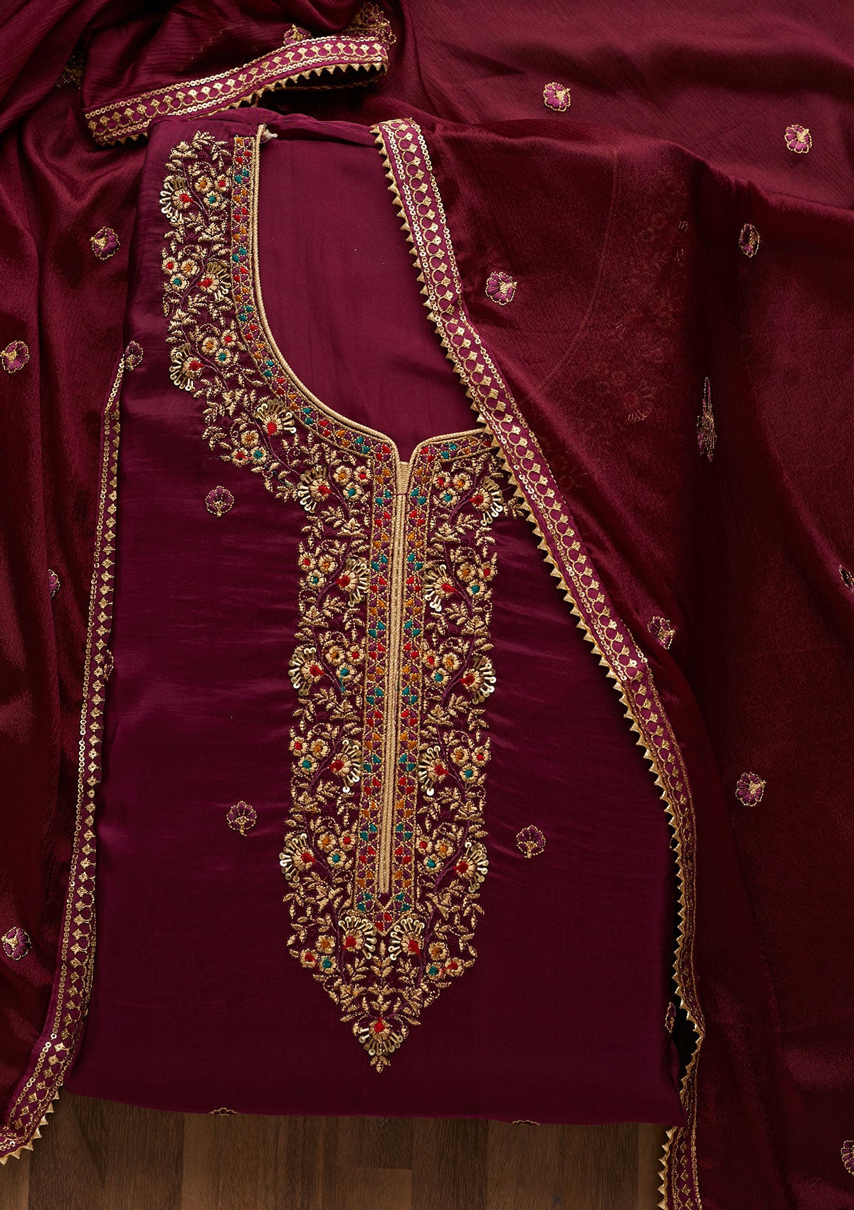 Purple Zariwork Semi Crepe Unstitched Salwar Suit-Koskii