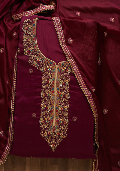 Purple Zariwork Semi Crepe Unstitched Salwar Suit-Koskii