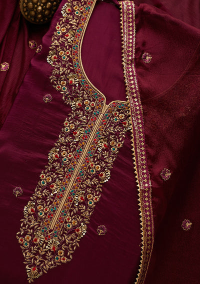Purple Zariwork Semi Crepe Unstitched Salwar Suit-Koskii