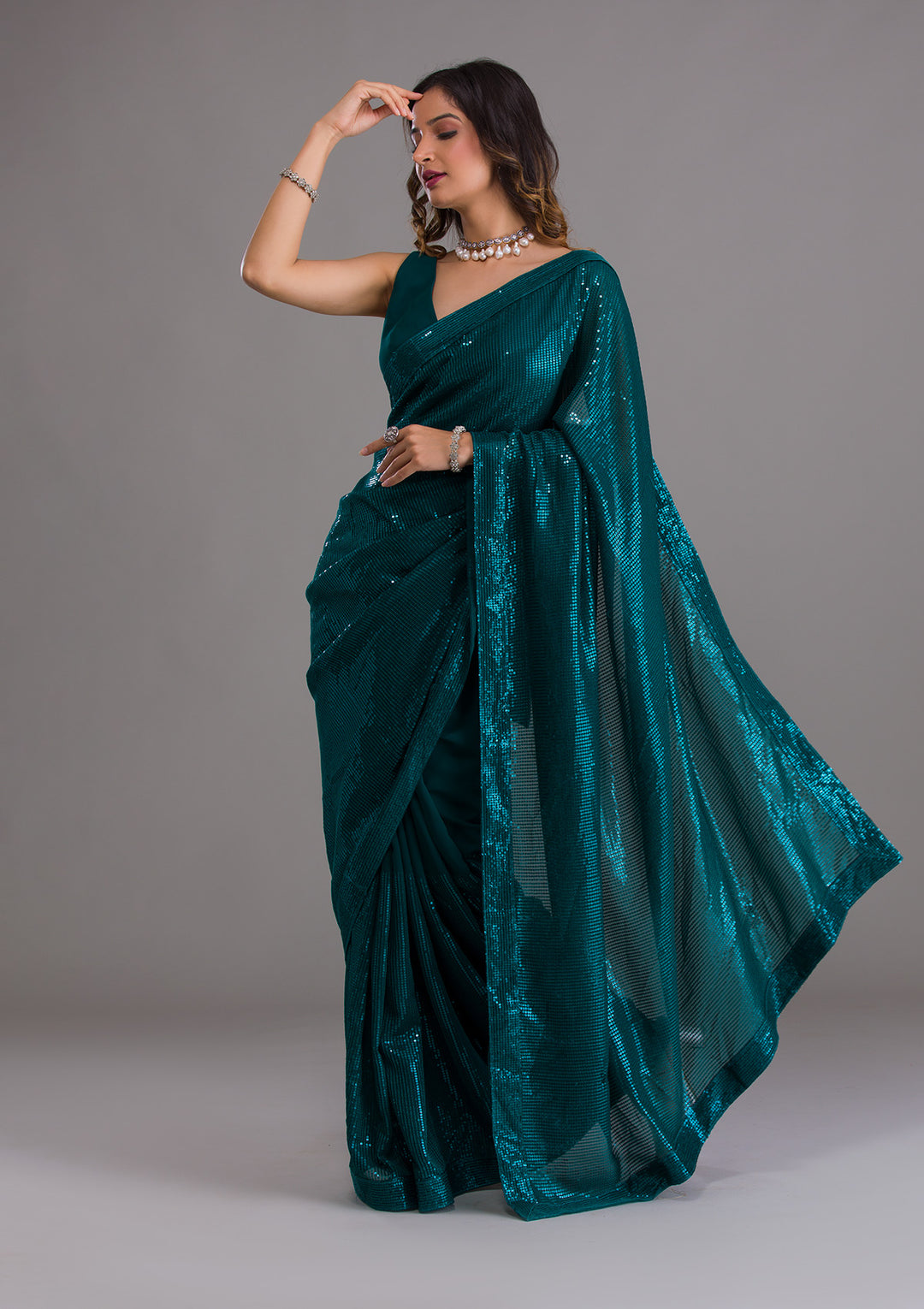Rama Green Sequins Georgette Saree-Koskii