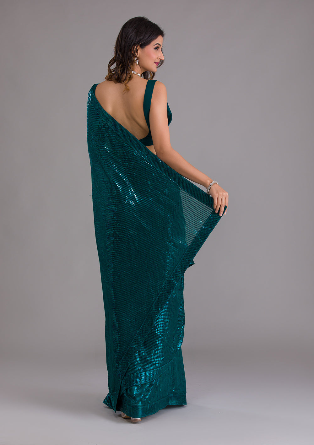 Rama Green Sequins Georgette Saree-Koskii