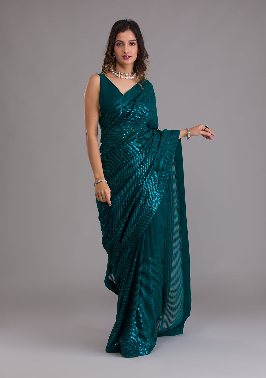 Rama Green Sequins Georgette Saree-Koskii