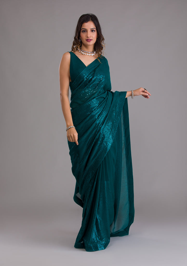 Rama Green Sequins Georgette Saree-Koskii