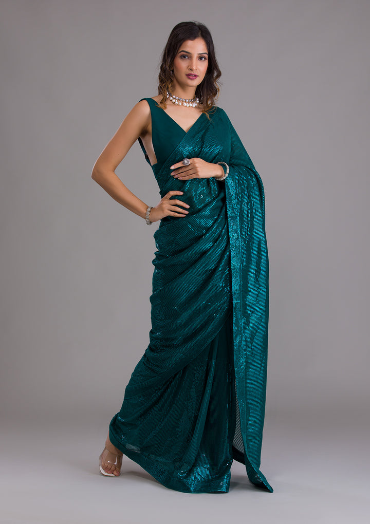 Rama Green Sequins Georgette Saree-Koskii