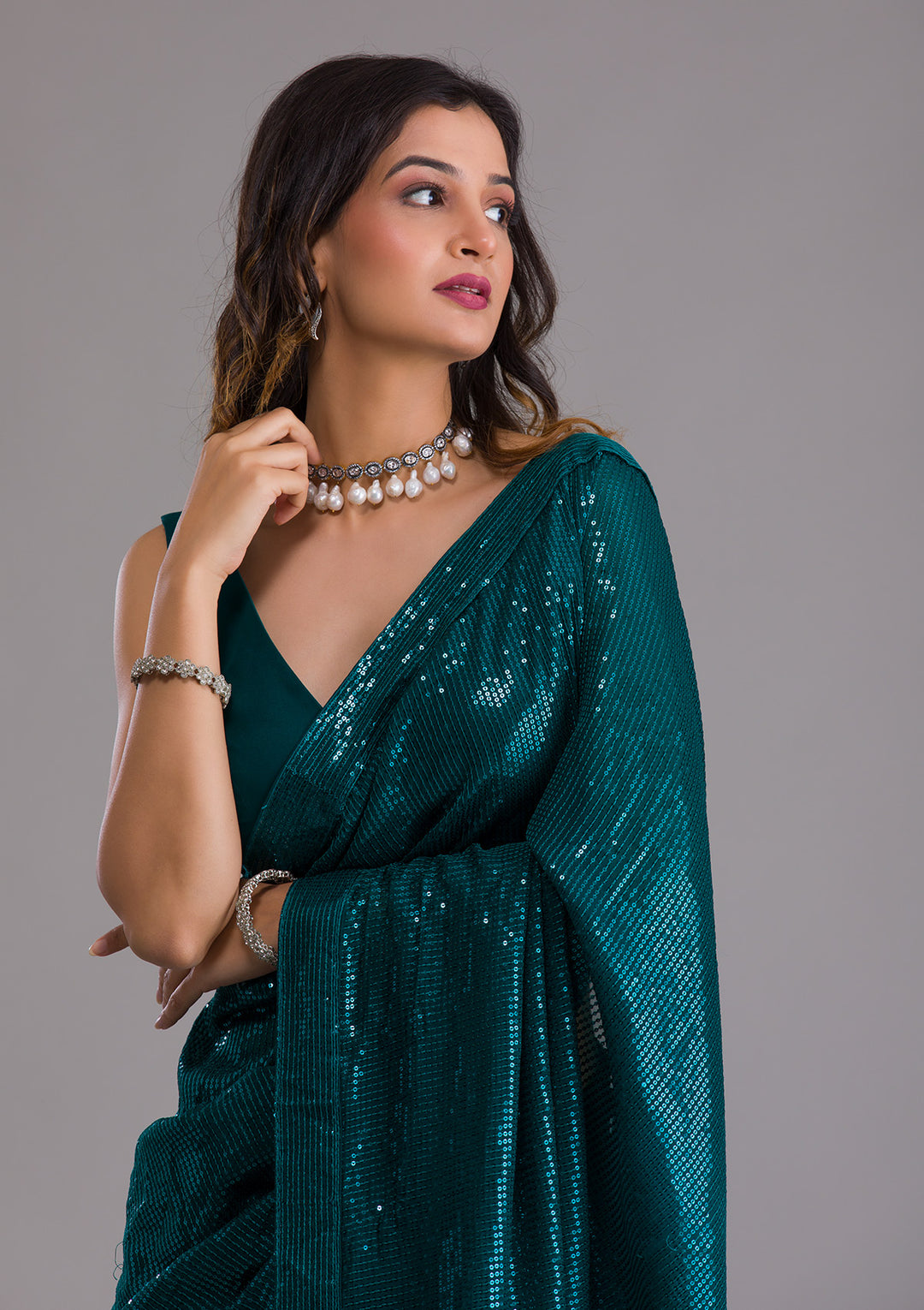 Rama Green Sequins Georgette Saree-Koskii