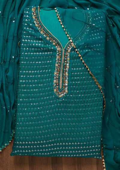 Rama Green Sequins Semi Crepe Unstitched Salwar Suit-Koskii