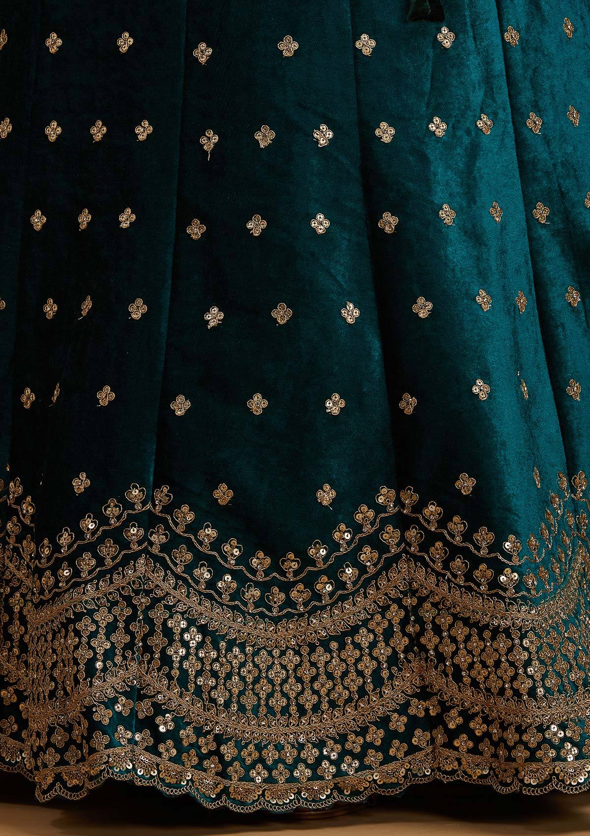 Rama Green Sequins Velvet Designer Semi-Stitched Lehenga - koskii