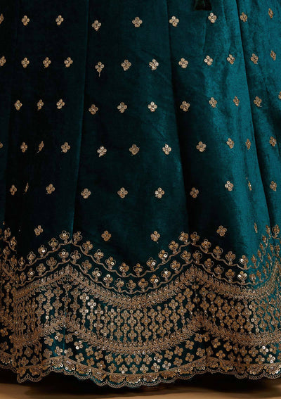 Rama Green Sequins Velvet Designer Semi-Stitched Lehenga - koskii