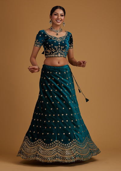 Rama Green Sequins Velvet Designer Semi-Stitched Lehenga - koskii