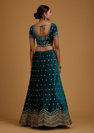Rama Green Sequins Velvet Designer Semi-Stitched Lehenga - koskii