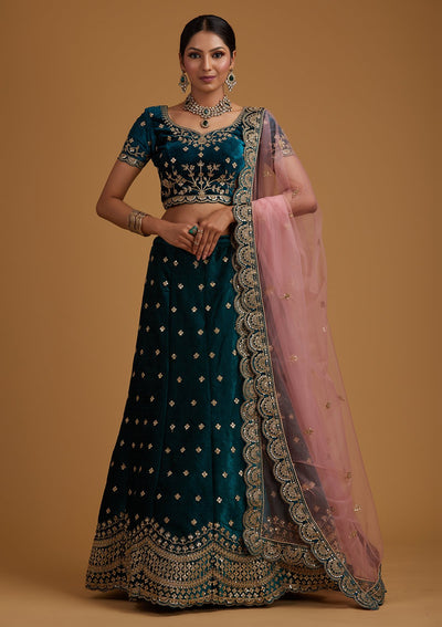 Rama Green Sequins Velvet Designer Semi-Stitched Lehenga - koskii