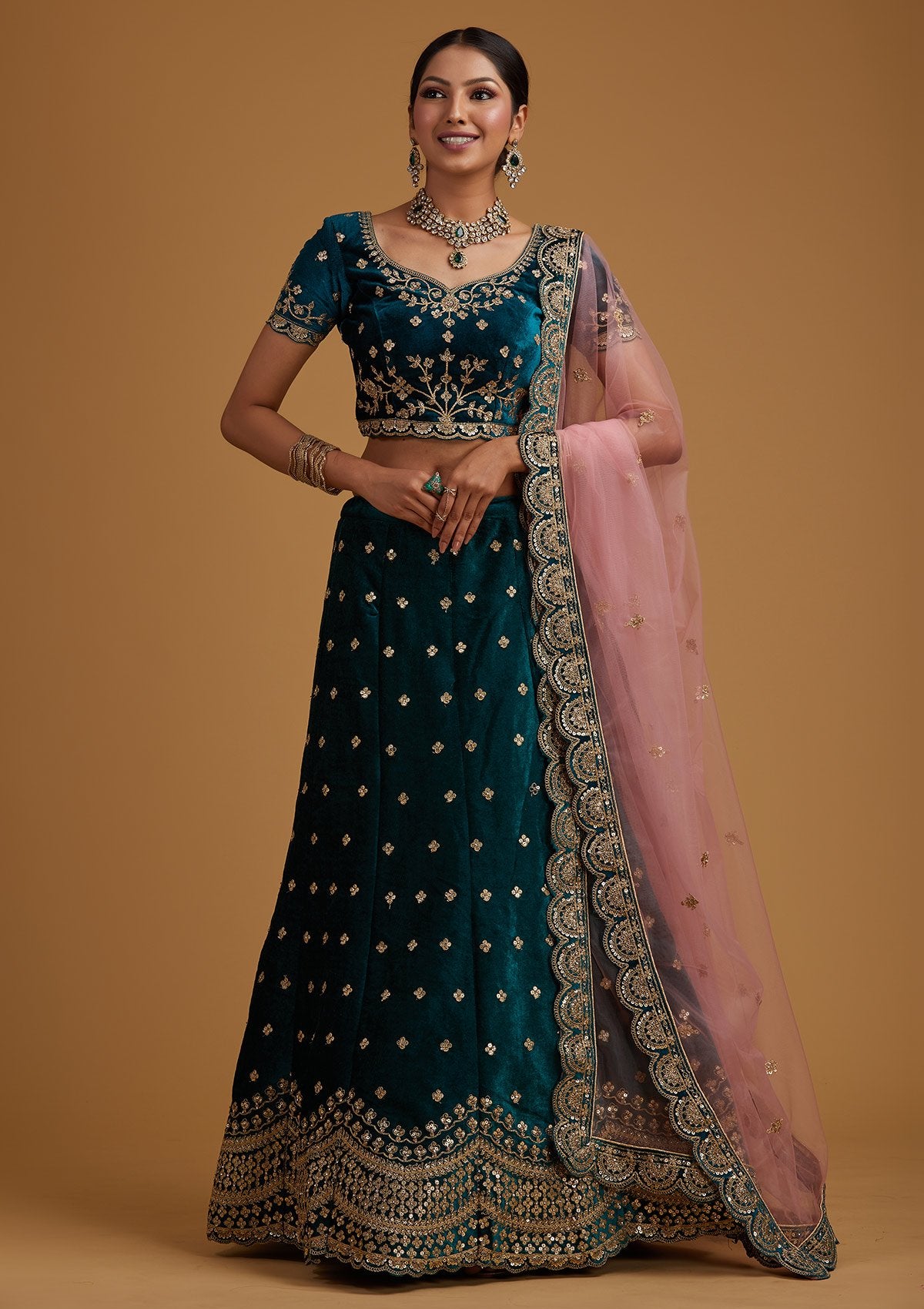 Rama Green Sequins Velvet Designer Semi-Stitched Lehenga - koskii