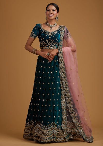 Rama Green Sequins Velvet Designer Semi-Stitched Lehenga - koskii