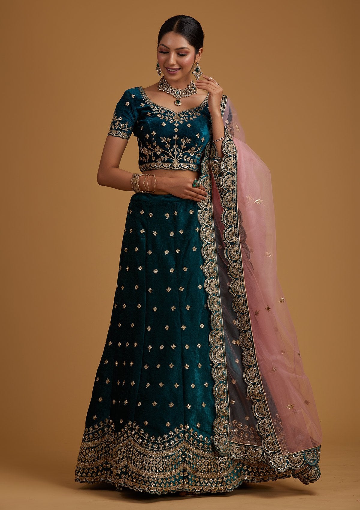 Rama Green Sequins Velvet Designer Semi-Stitched Lehenga - koskii