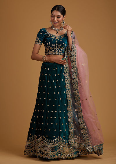Rama Green Sequins Velvet Designer Semi-Stitched Lehenga - koskii