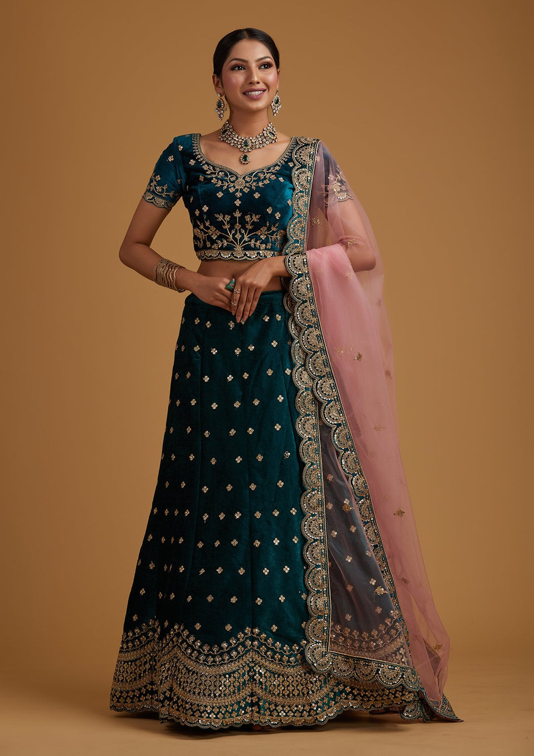 Rama Green Sequins Velvet Designer Semi-Stitched Lehenga - koskii