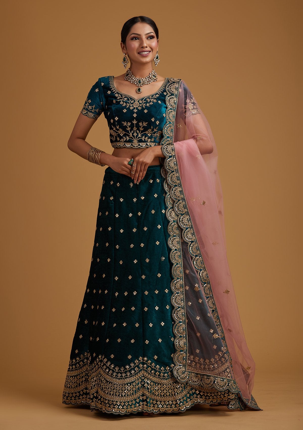 Rama Green Sequins Velvet Designer Semi-Stitched Lehenga - koskii