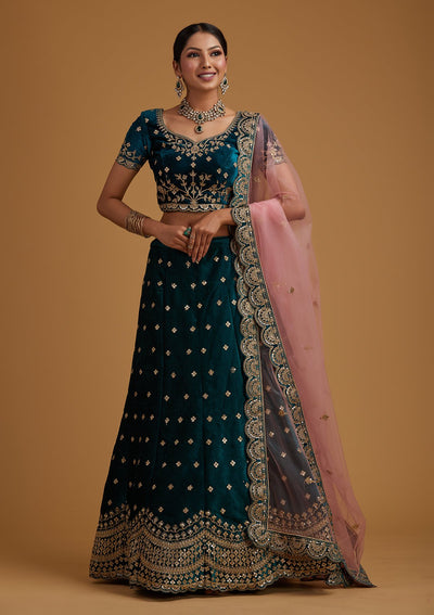 Rama Green Sequins Velvet Designer Semi-Stitched Lehenga - koskii