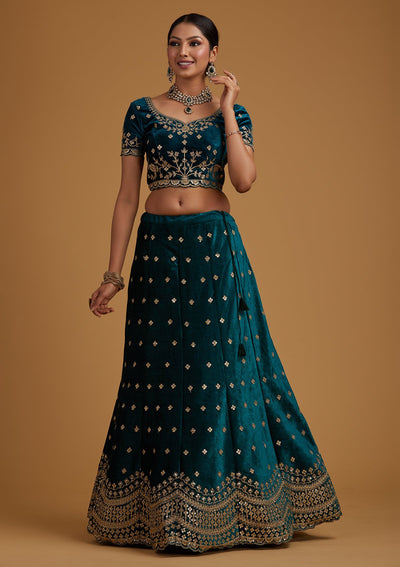 Rama Green Sequins Velvet Designer Semi-Stitched Lehenga - koskii