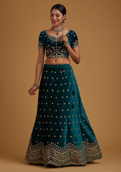 Rama Green Sequins Velvet Designer Semi-Stitched Lehenga - koskii