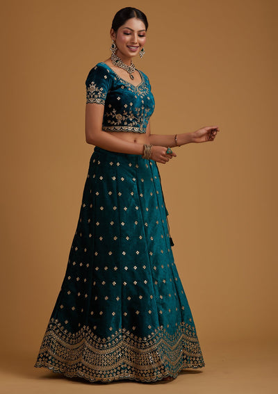 Rama Green Sequins Velvet Designer Semi-Stitched Lehenga - koskii