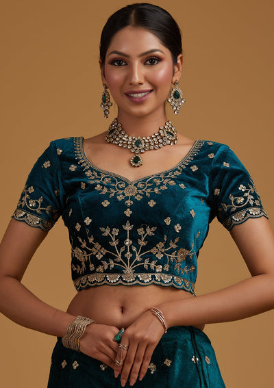 Rama Green Sequins Velvet Designer Semi-Stitched Lehenga - koskii