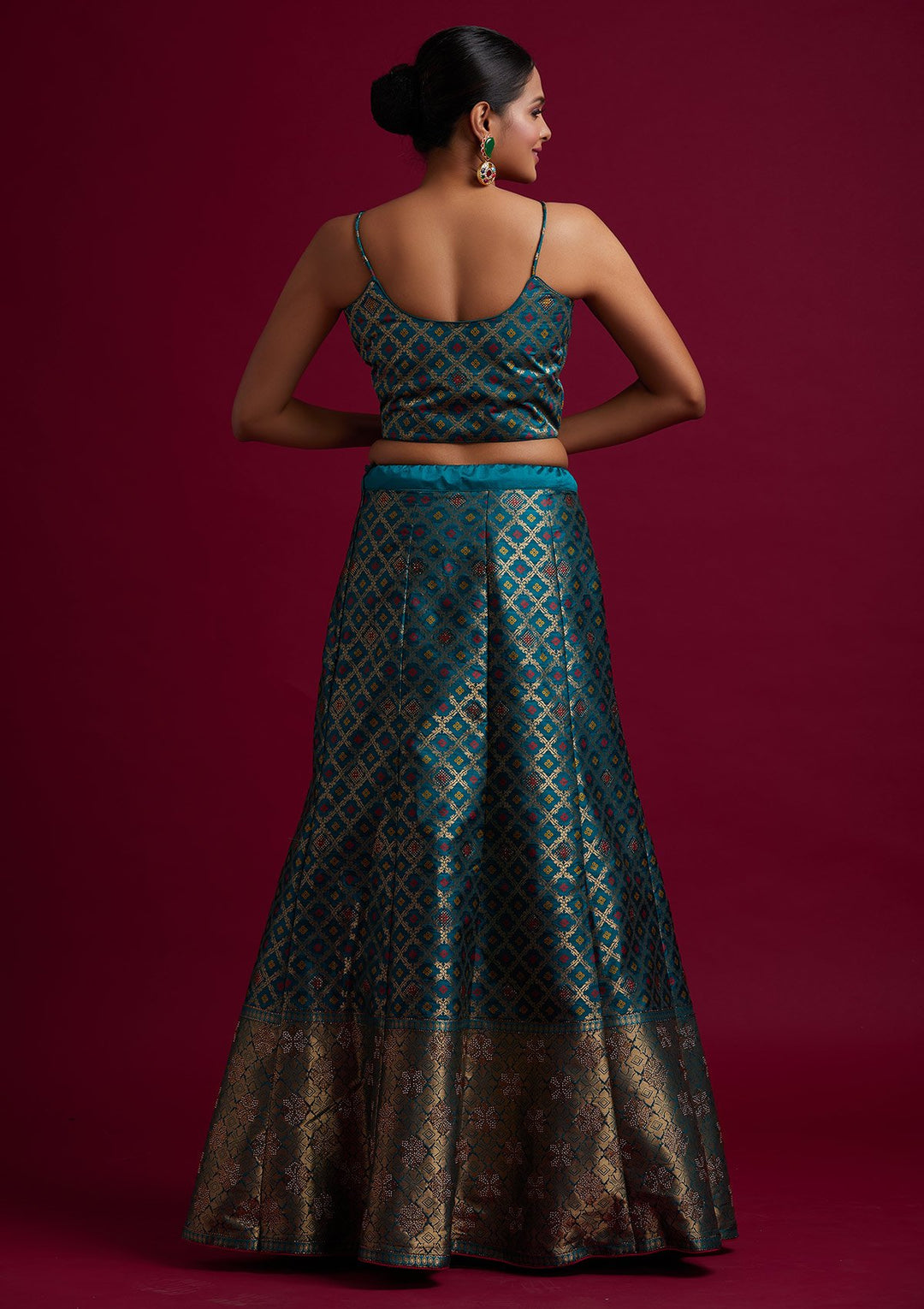 Rama Green Swarovski Banarasi Designer Semi-Stitched Lehenga - koskii