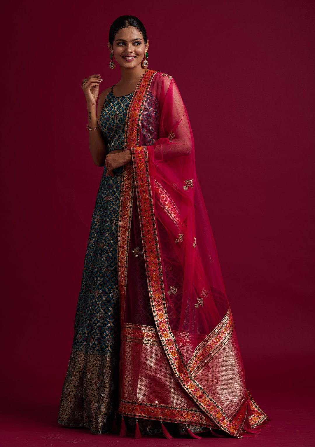 Rama Green Swarovski Banarasi Designer Semi-Stitched Lehenga - koskii