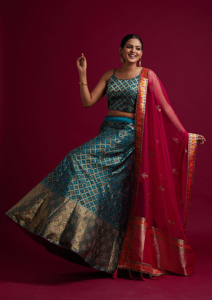 Rama Green Swarovski Banarasi Designer Semi-Stitched Lehenga - koskii