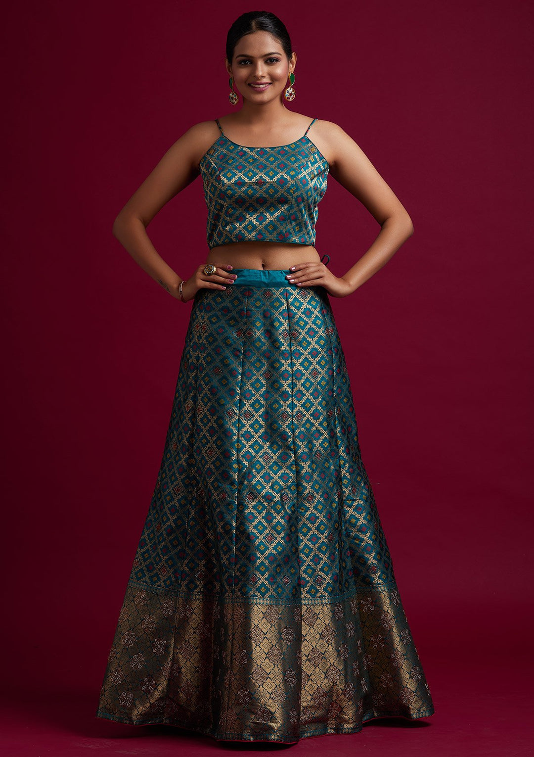 Rama Green Swarovski Banarasi Designer Semi-Stitched Lehenga - koskii